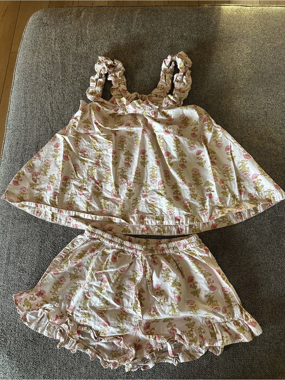 Piyama Floral Ruffle Cotton Pajama Set - Pink & Cream
